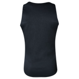 Back of black no sleeve singlet.