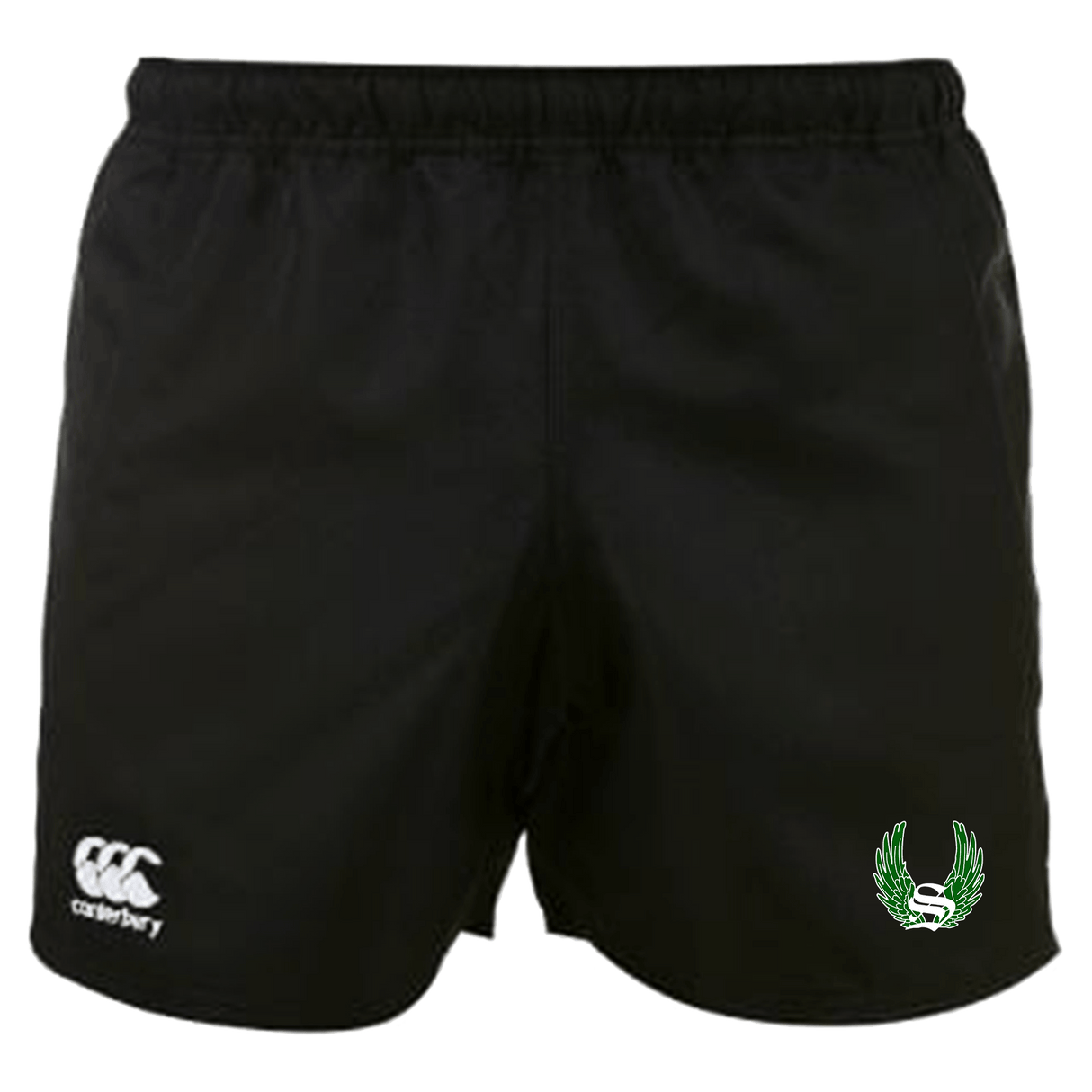 Sirens Canterbury Black Professional Polyester Pocketed Rugby Shorts with a green leaf on the side.