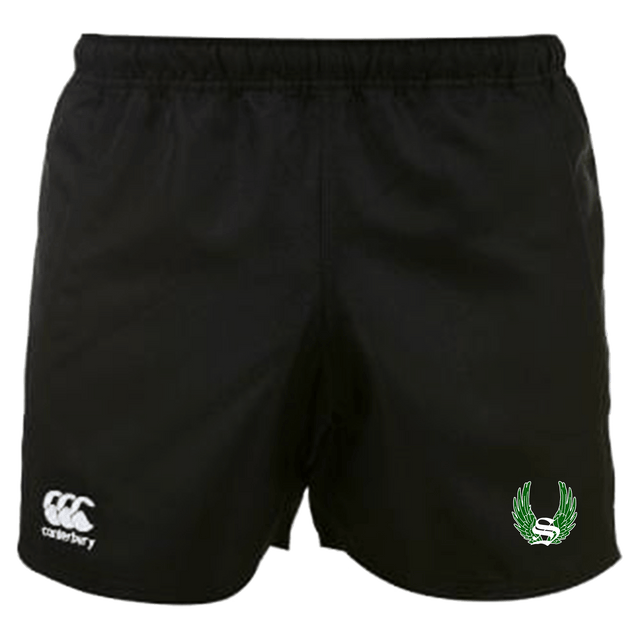Sirens Canterbury Black Professional Polyester Pocketed Rugby Shorts with a green leaf on the side.