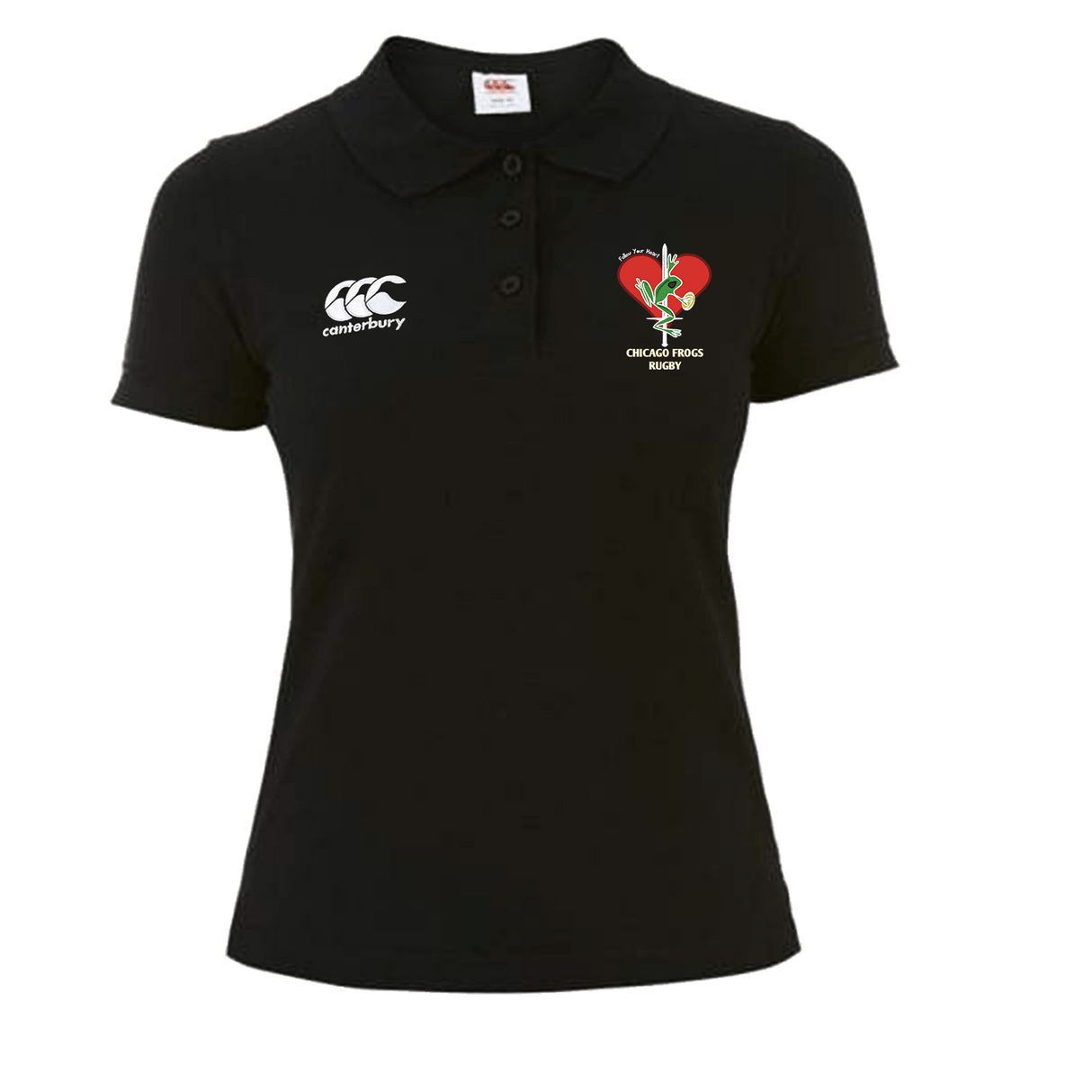 A Frogs Canterbury women's black Waimak rugby polo with a red rose on it.