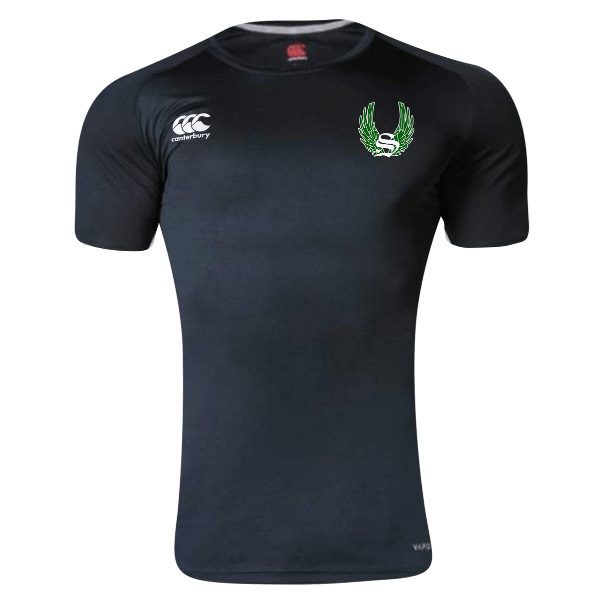 Sirens Canterbury Team Black Dry Rugby T-Shirt with a green leaf on the chest.