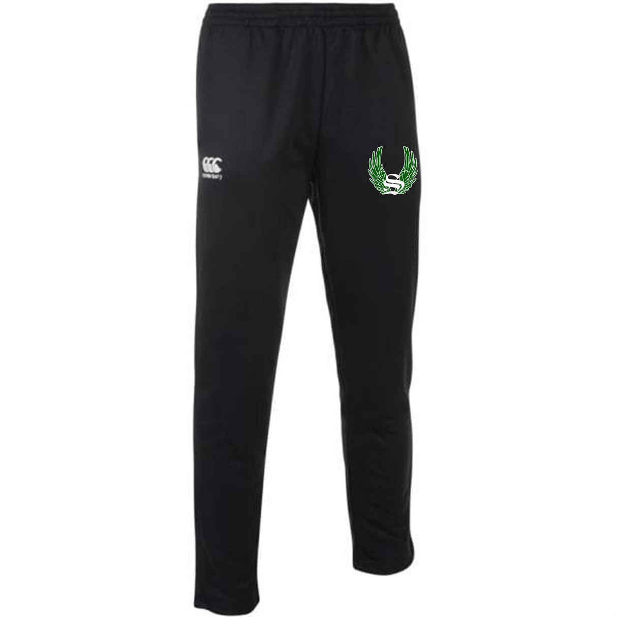 Sirens Canterbury Black Stretch Tapered Pants with a green eagle on the side.