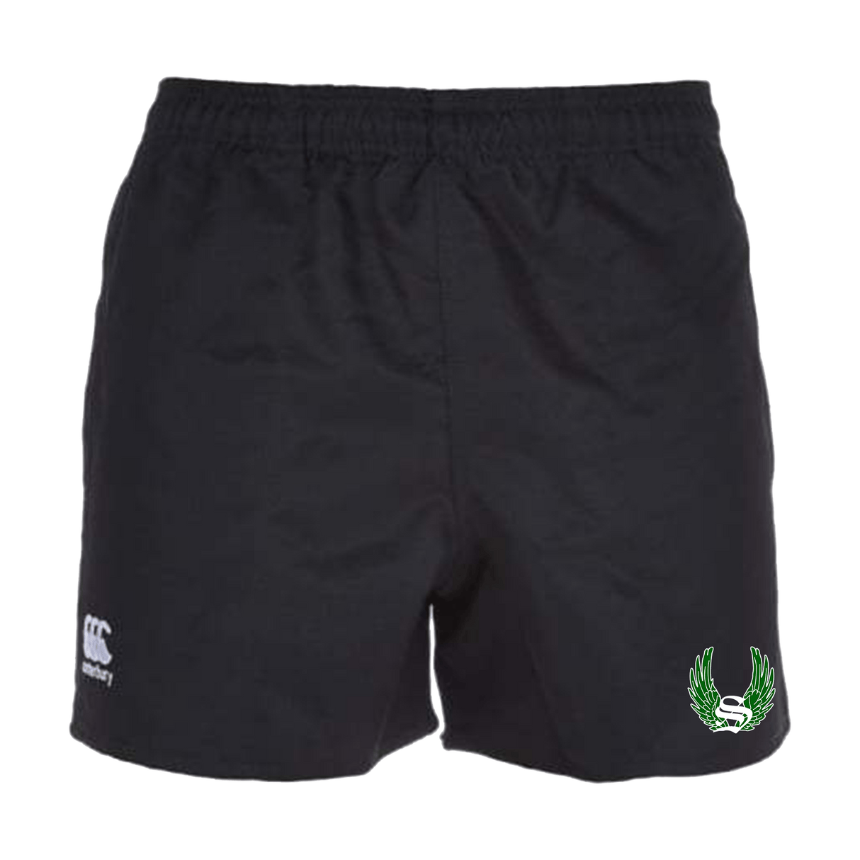 Sirens Canterbury Black Advantage Rugby Shorts with a green logo on the side.