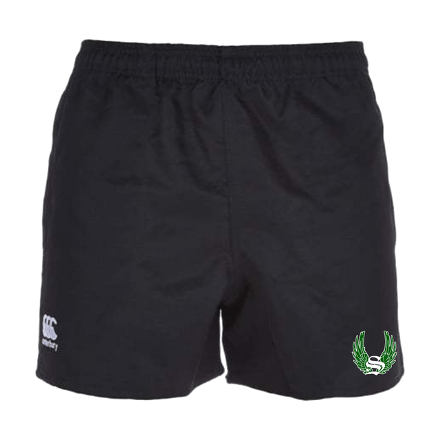 Sirens Canterbury Black Advantage Rugby Shorts with a green logo on the side.