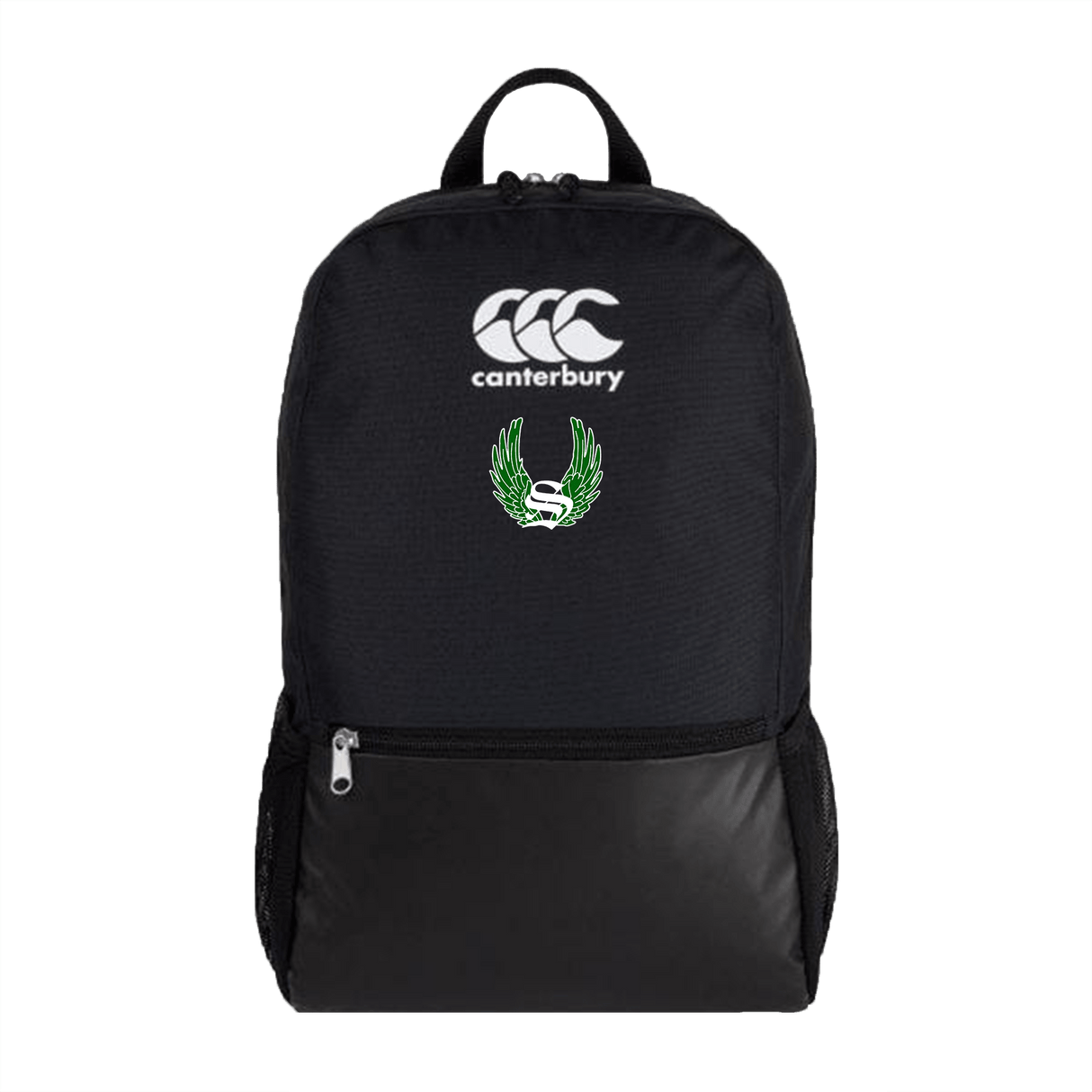 Sirens Canterbury Medium Black Rugby Backpack with a white and green logo.