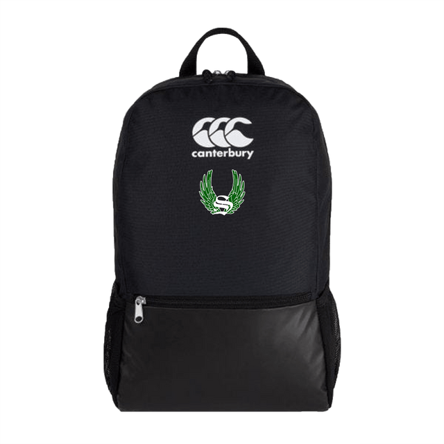 Sirens Canterbury Medium Black Rugby Backpack with a white and green logo.