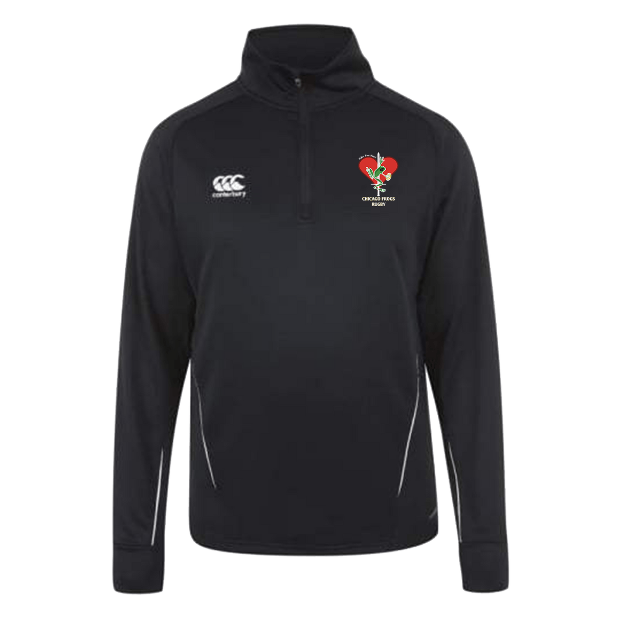 A Frogs Canterbury Team 1/4 Zip Mid Layer Black Rugby Training Top with a red rose on it.
