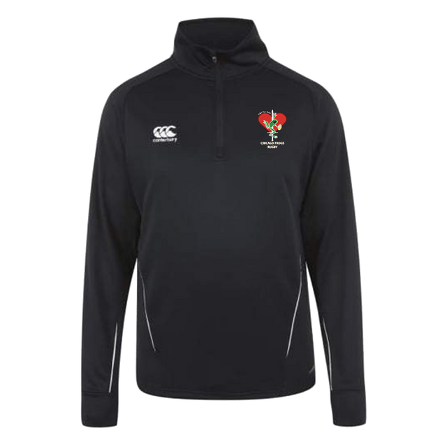 A Frogs Canterbury Team 1/4 Zip Mid Layer Black Rugby Training Top with a red rose on it.