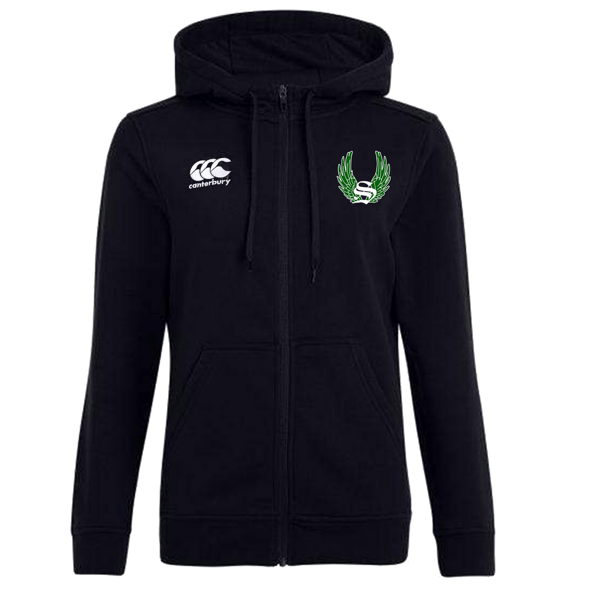 Sirens Canterbury Women's Black Full Zip Rugby Hoodie with a green leaf on the front.