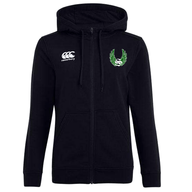 Sirens Canterbury Women's Black Full Zip Rugby Hoodie with a green leaf on the front.