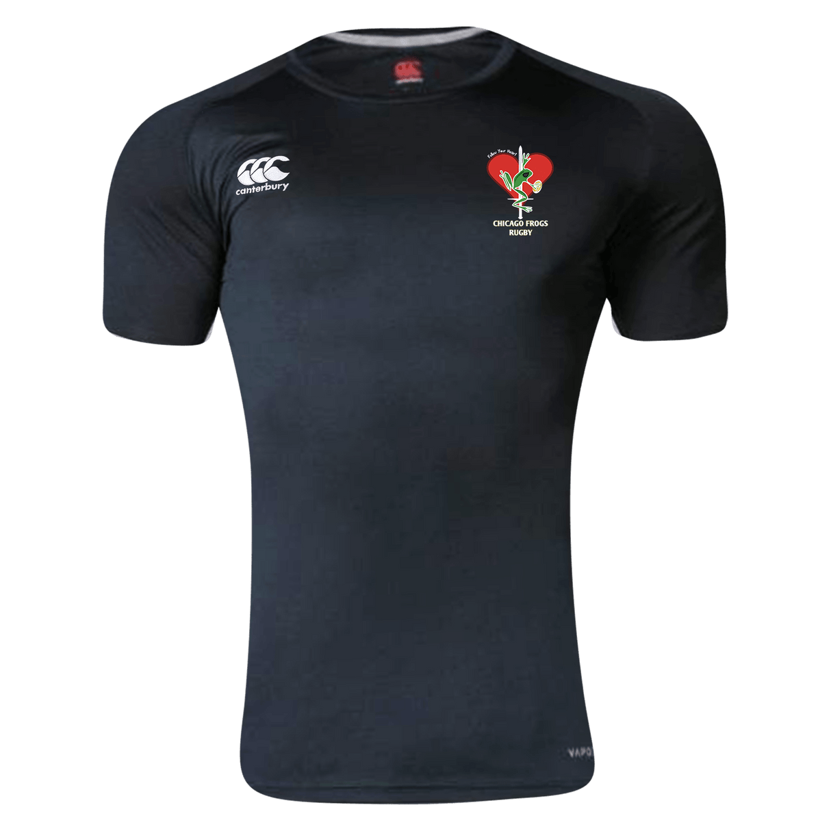 A Frogs Canterbury Team Black Dry Rugby T-Shirt with a red heart on the chest.