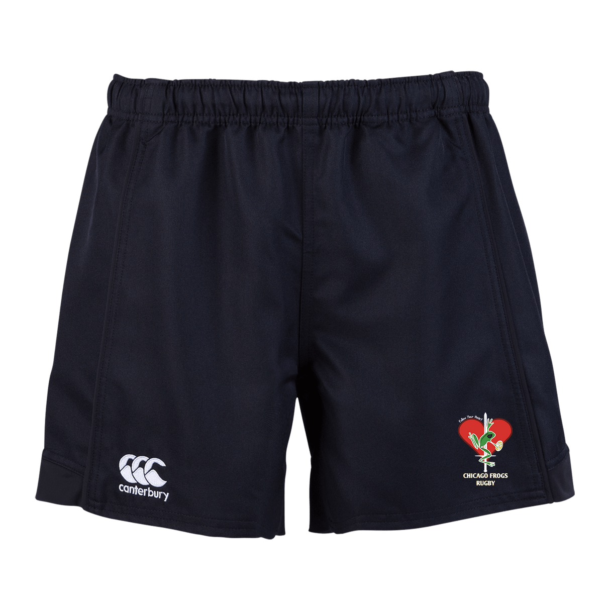 A Frogs Canterbury Women's Black Advantage Rugby Shorts with a red rose on the side.