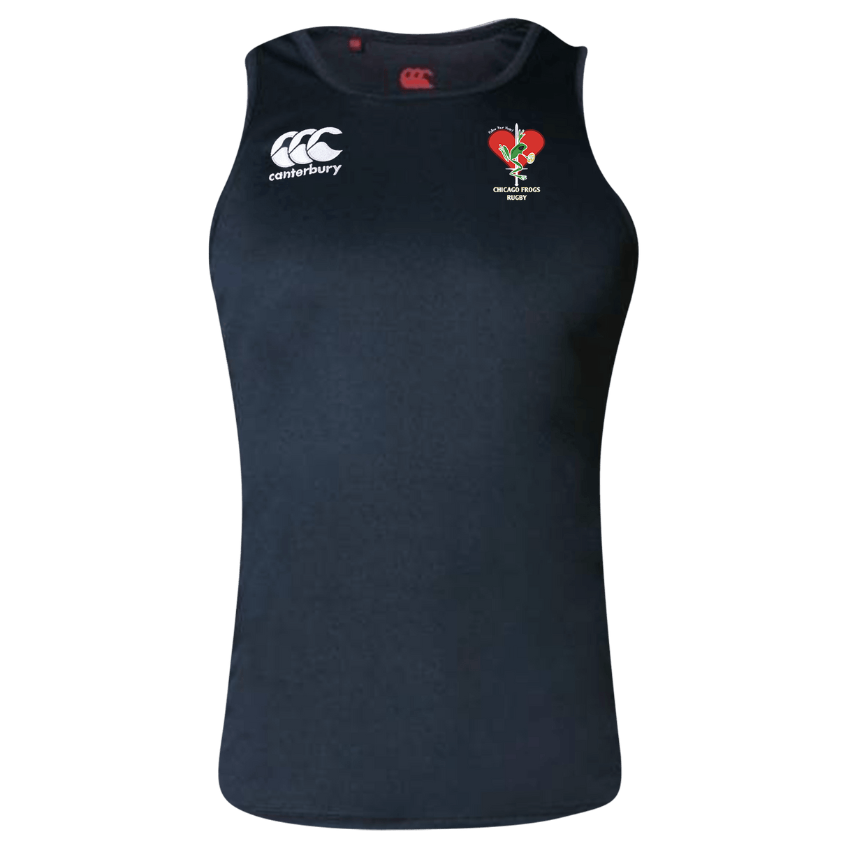 A Frogs Canterbury Black Core Vapodri Rugby Singlet with a red and white rugby ball on it.