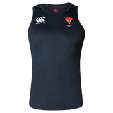 A Frogs Canterbury Black Core Vapodri Rugby Singlet with a red and white rugby ball on it.