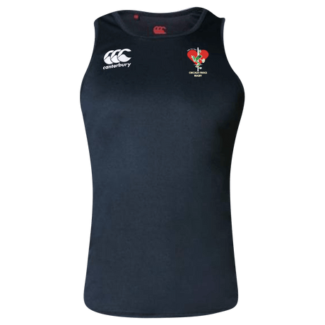 A Frogs Canterbury Black Core Vapodri Rugby Singlet with a red and white rugby ball on it.