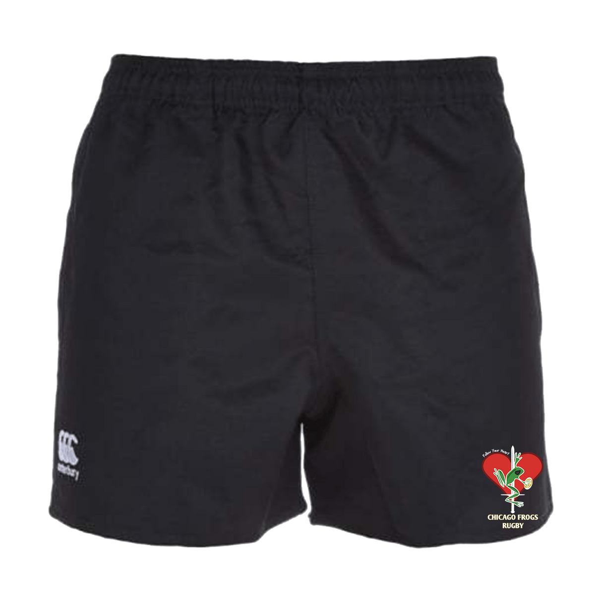 Frogs Canterbury Black Advantage Rugby Shorts with a red heart on it.