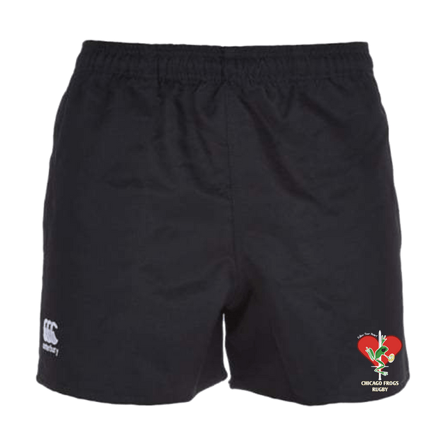 Frogs Canterbury Black Advantage Rugby Shorts with a red heart on it.