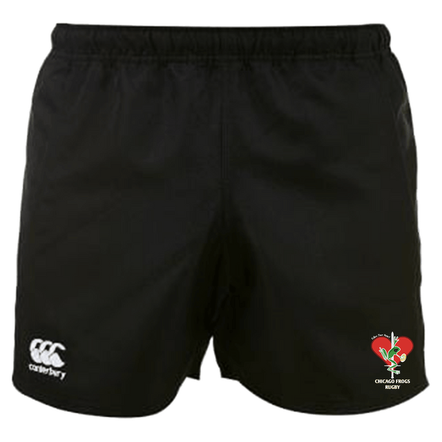 "Frogs Canterbury Black Professional Polyester Pocketed Rugby Shorts with a Red Heart on the Side."