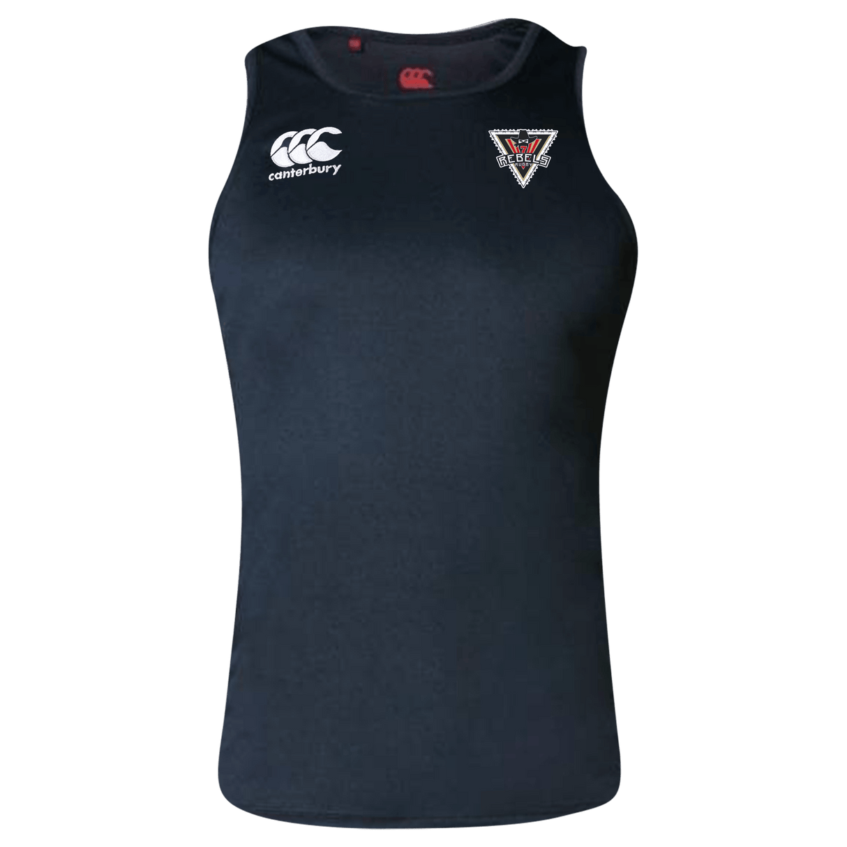 A Rebels Rugby Canterbury Black Core Vapodri Rugby Singlet with a white and red rugby team on it.