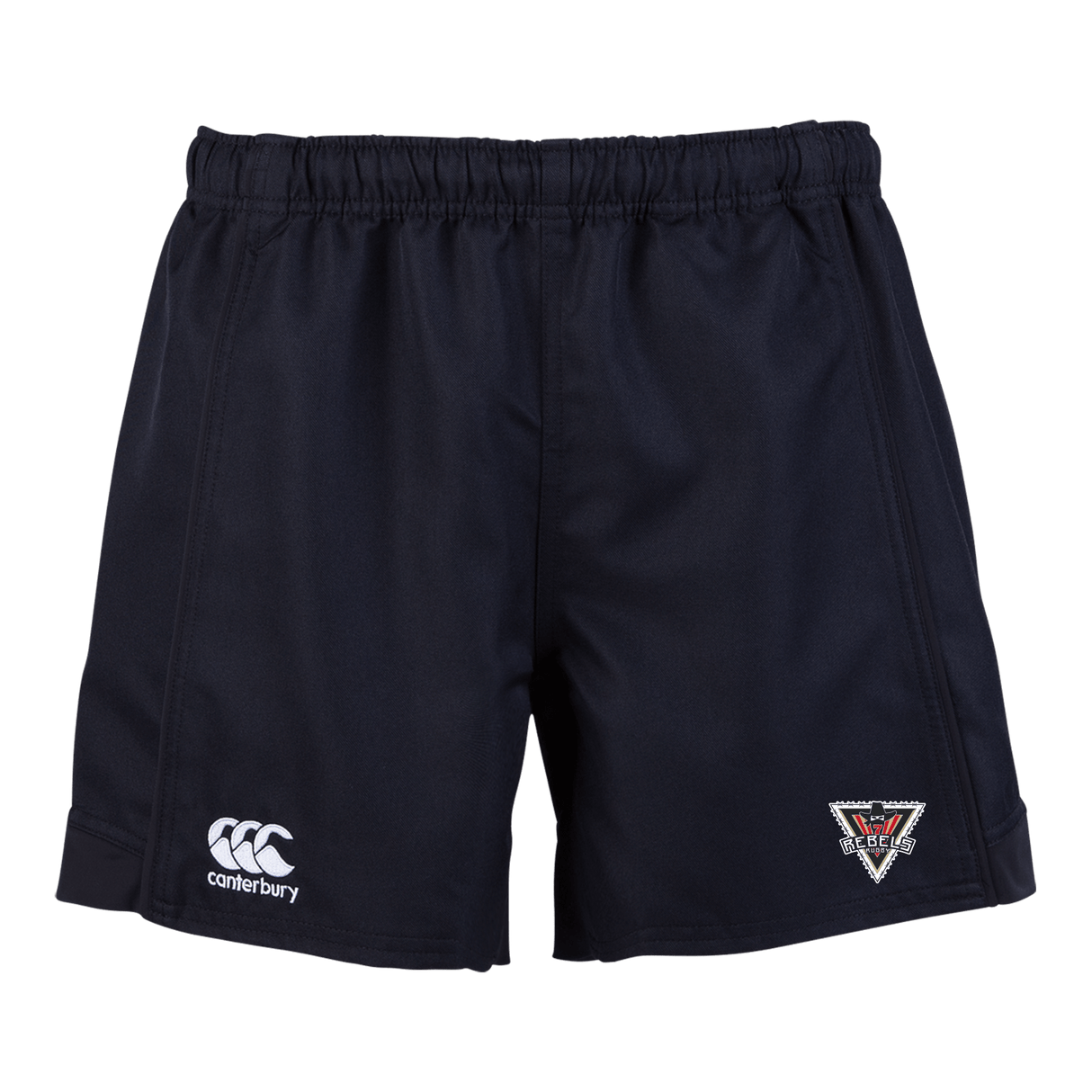 Rebels Rugby Canterbury Black Advantage Rugby Shorts with a white logo on the side.