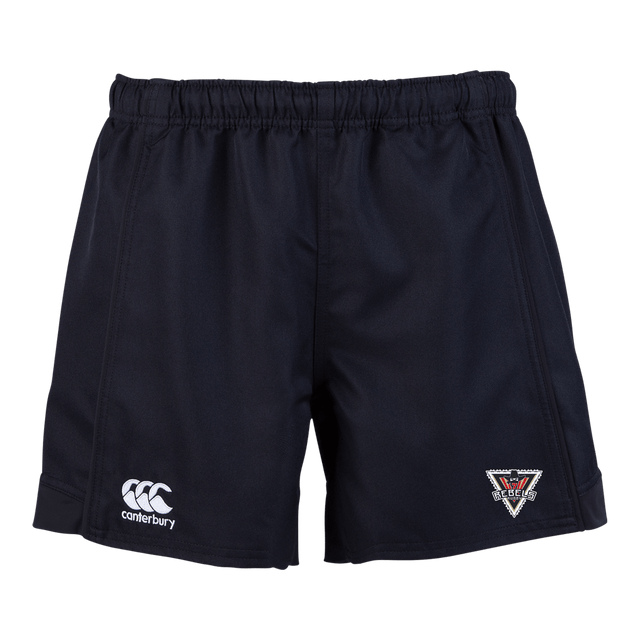 Rebels Rugby Canterbury Black Advantage Rugby Shorts with a white logo on the side.