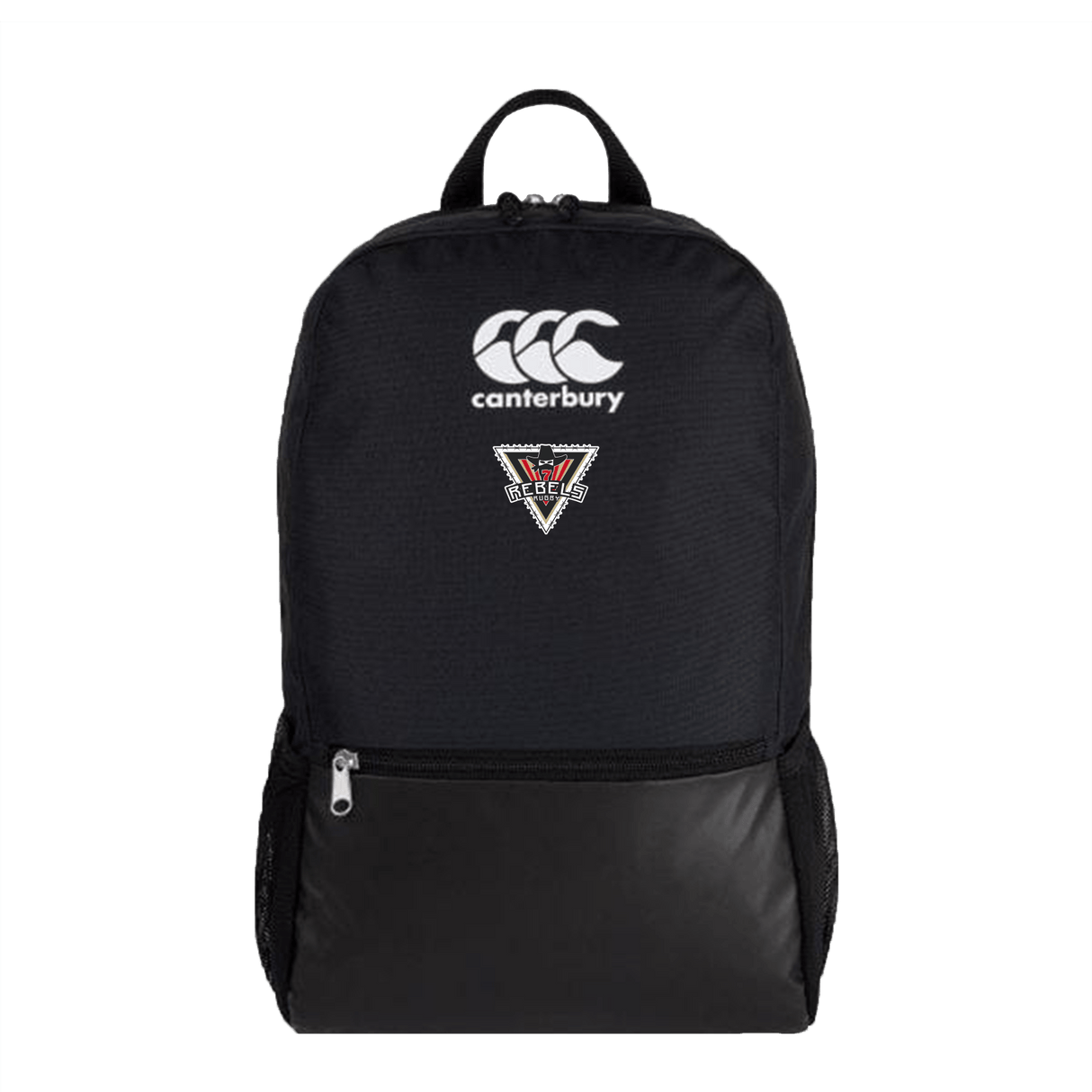 A Rebels Rugby Canterbury Medium Black Rugby Backpack with a white logo on it.