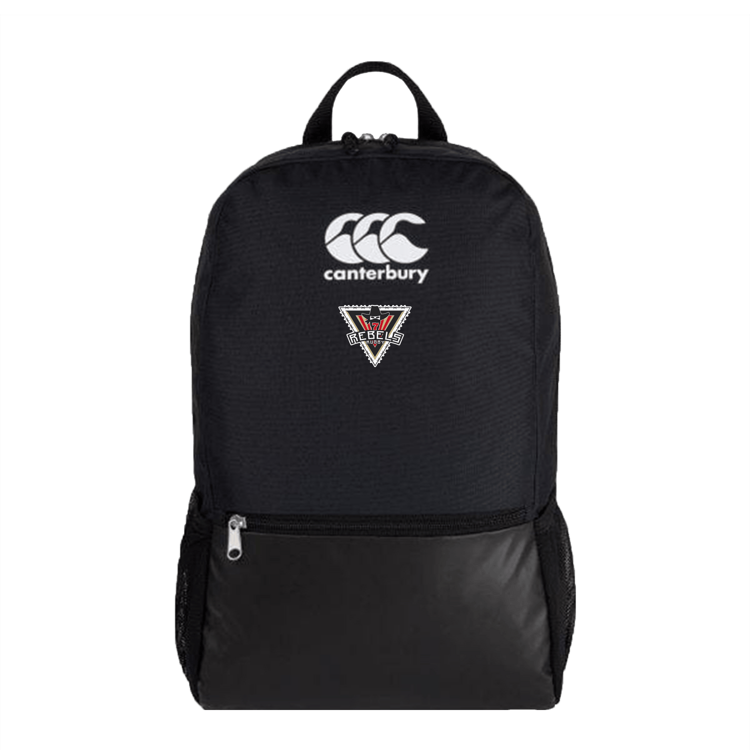 A Rebels Rugby Canterbury Medium Black Rugby Backpack with a white logo on it.