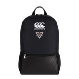 A Rebels Rugby Canterbury Medium Black Rugby Backpack with a white logo on it.