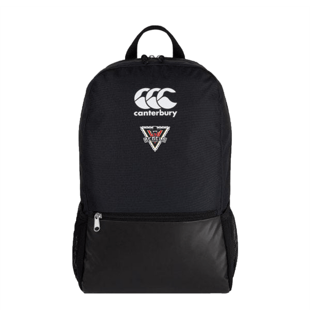 A Rebels Rugby Canterbury Medium Black Rugby Backpack with a white logo on it.