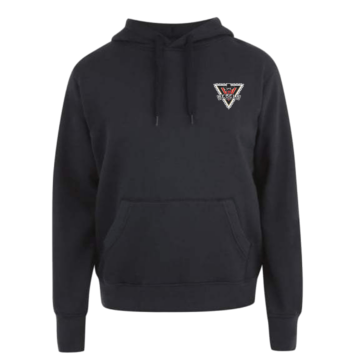 Rebels Rugby Canterbury Black Team Hoodie with a red and white triangle on it.