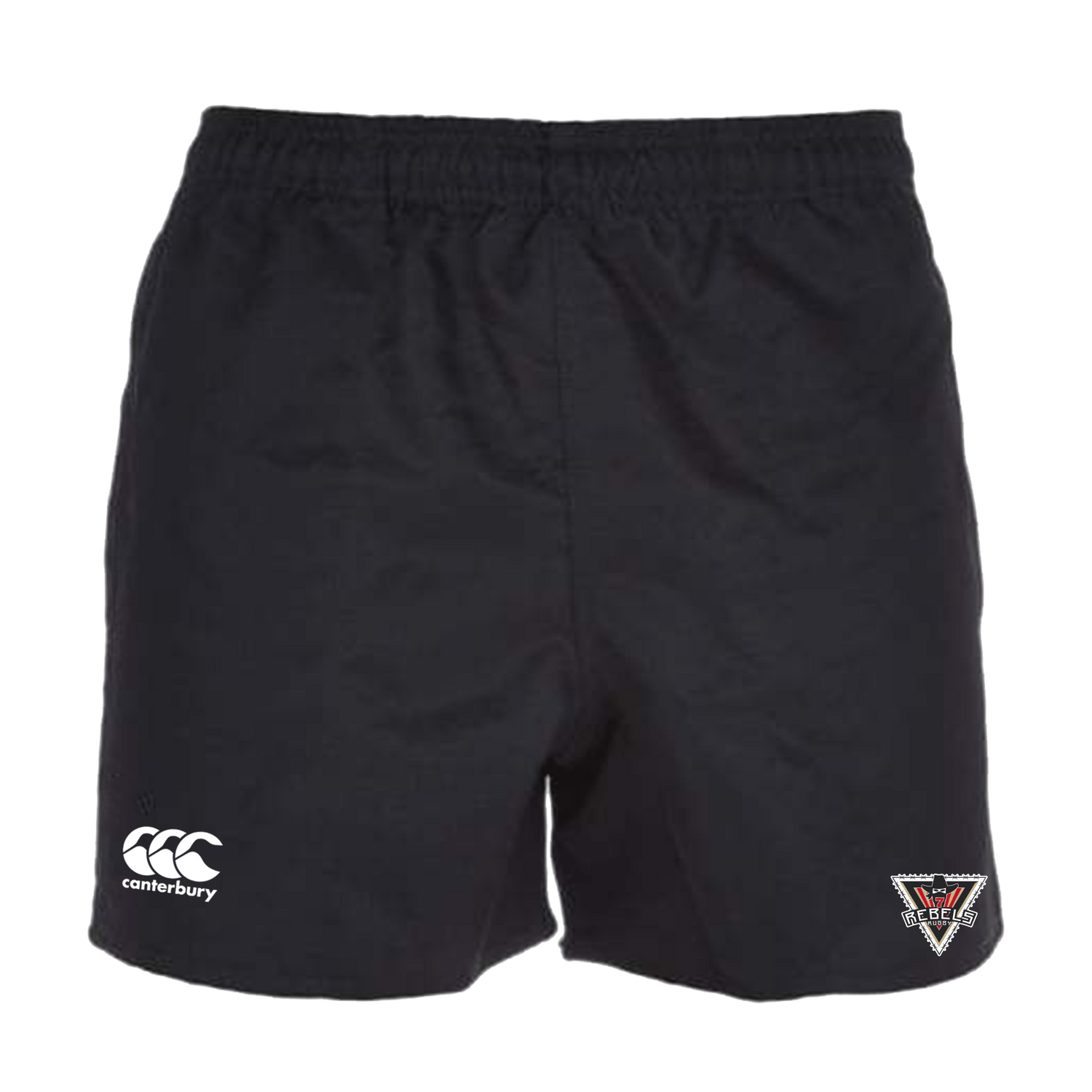 Rebels Rugby Canterbury Black Professional Polyester Pocketed Rugby Shorts with a white logo on the side.