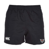 Rebels Rugby Canterbury Black Professional Polyester Pocketed Rugby Shorts with a white logo on the side.