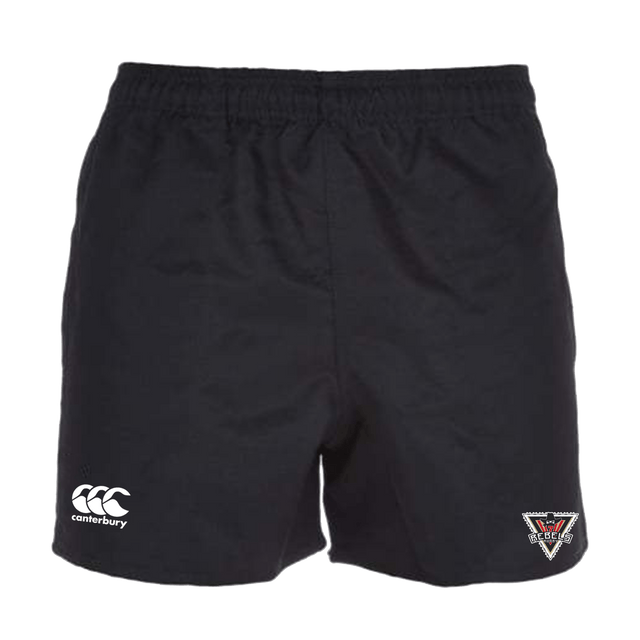 Rebels Rugby Canterbury Black Professional Polyester Pocketed Rugby Shorts with a white logo on the side.