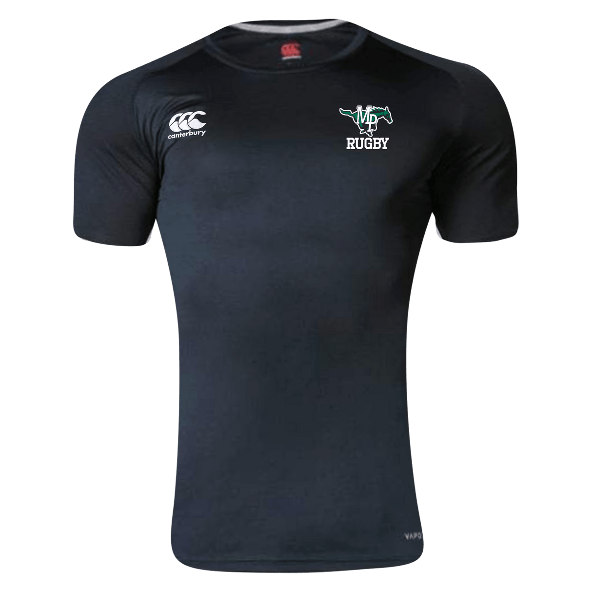 Myers Park Rugby Canterbury Black Core Vapodri Superlight Rugby T-Shirt with a green background.