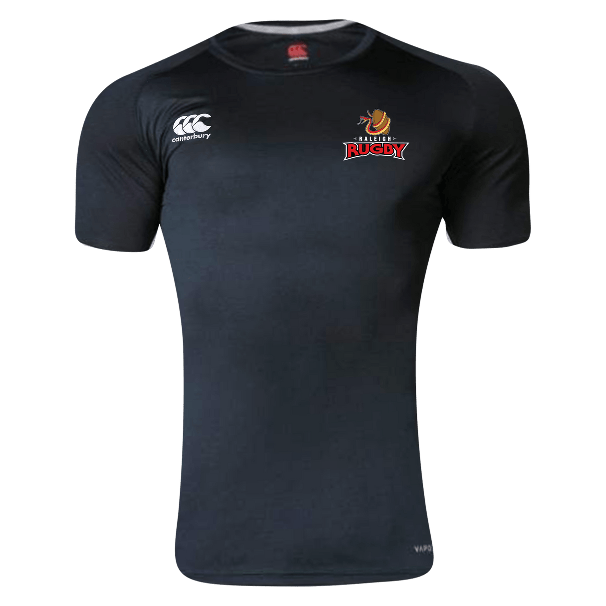 The Raleigh Rugby Club Canterbury Black Core Vapodri Superlight Rugby T-Shirt with a red and white rugby ball on it.