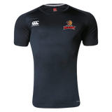 The Raleigh Rugby Club Canterbury Black Core Vapodri Superlight Rugby T-Shirt with a red and white rugby ball on it.