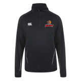 A Raleigh Rugby Club Canterbury Team 1/4 Zip Mid Layer Black Rugby Training Top with the rugby team logo on it.