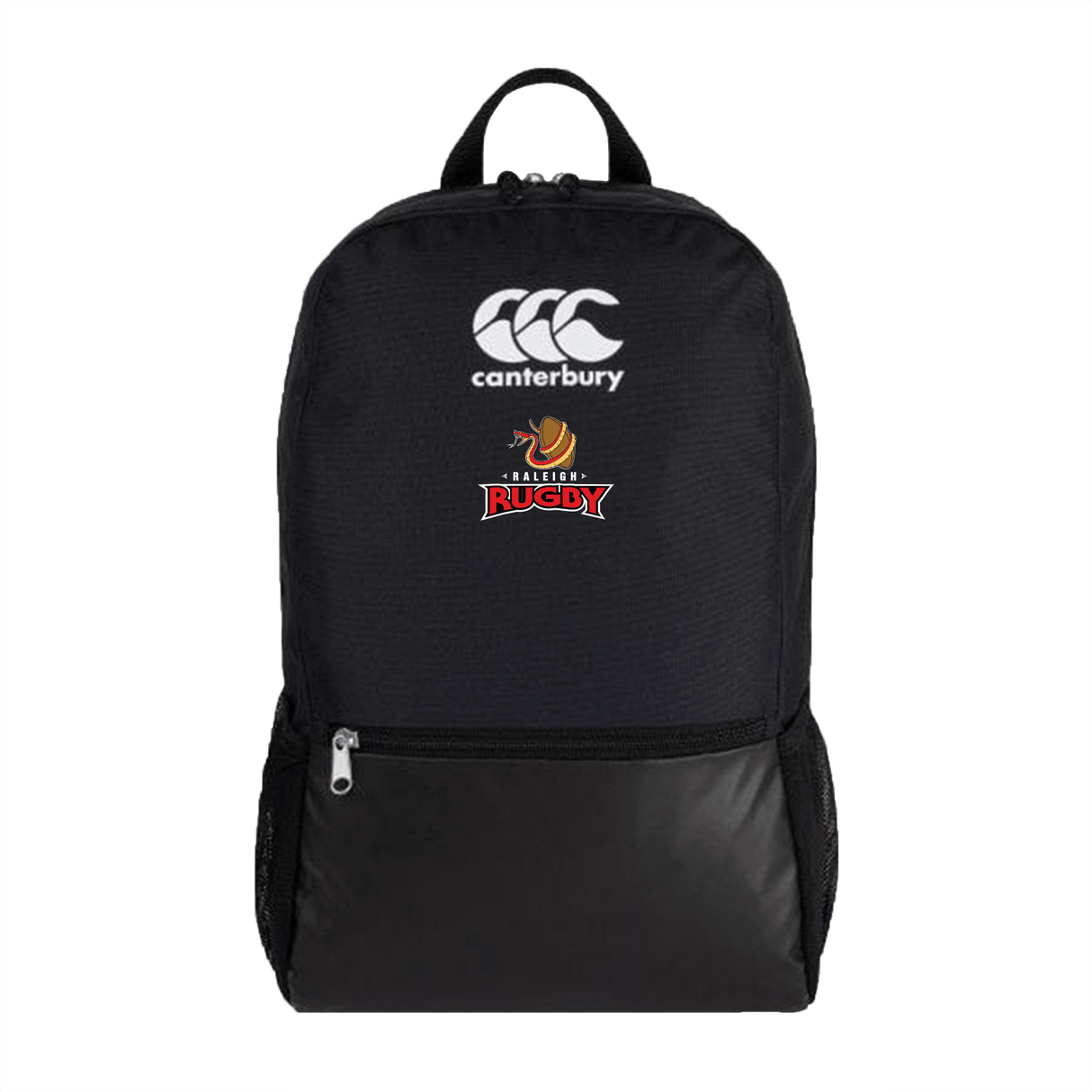 A Raleigh Rugby Club Canterbury Medium Black Rugby Backpack with a logo on it.
