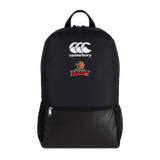 A Raleigh Rugby Club Canterbury Medium Black Rugby Backpack with a logo on it.