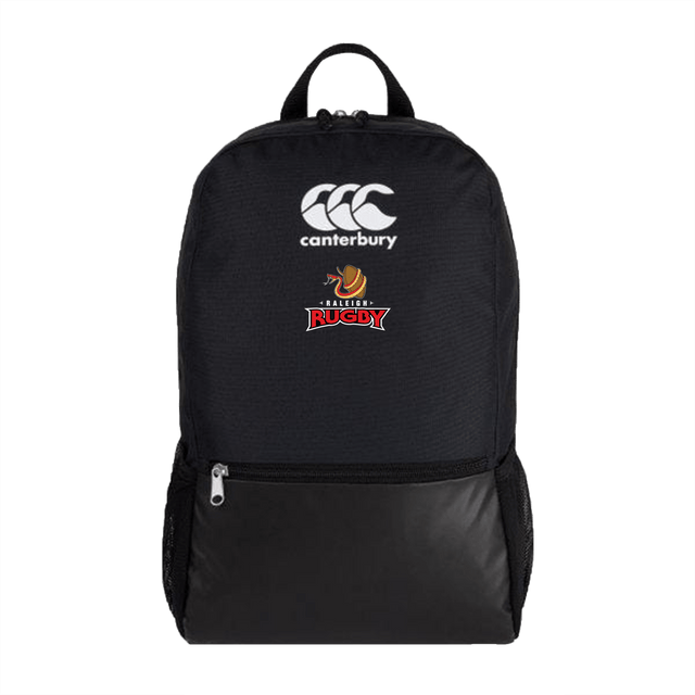 A Raleigh Rugby Club Canterbury Medium Black Rugby Backpack with a logo on it.