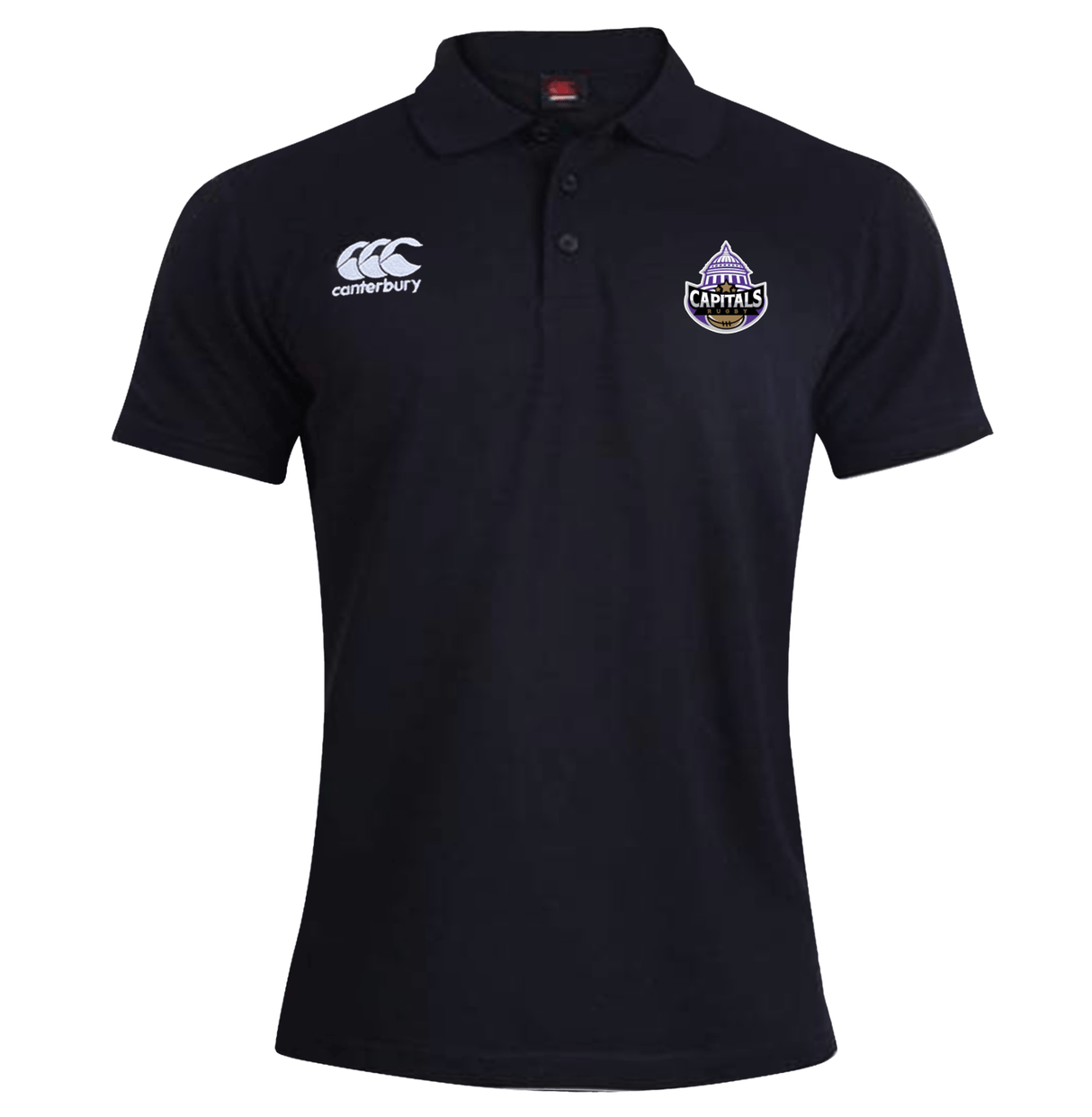 A Capitals Rugby NC Canterbury Waimak Rugby Polo Black with a rugby team logo on it.