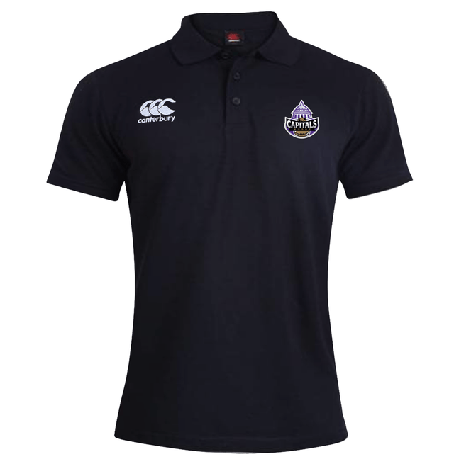 A Capitals Rugby NC Canterbury Waimak Rugby Polo Black with a rugby team logo on it.