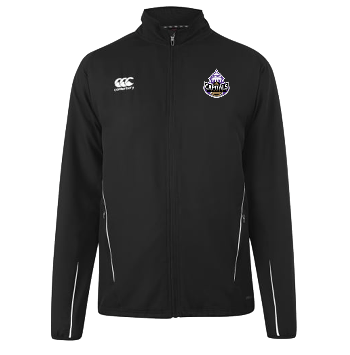 A Capitals Rugby NC Canterbury Team Black Rugby Jacket with a white and purple logo on it.