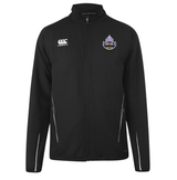 A Capitals Rugby NC Canterbury Team Black Rugby Jacket with a white and purple logo on it.