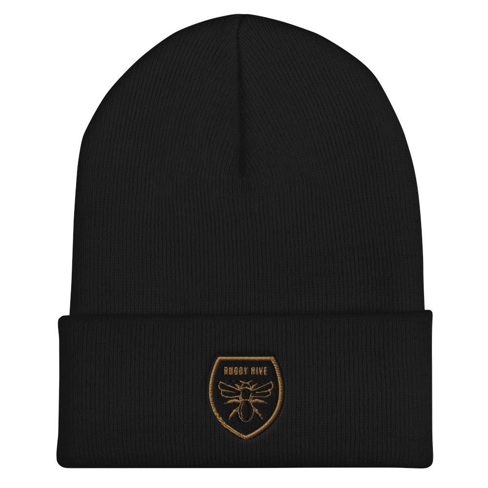 A Rugby Hive Cuffed Beanie with a gold emblem on it.
