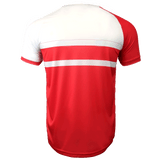 Back side of red and white round neck short sleeve jersey. White back, left shoulder and sleeve trimmed in red. Red right shoulder and sleeve. Red and white horizontal stripes in the center with lower torso in red.