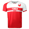 Tonga red and white round neck short sleeve jersey. White chest and left arm and sleeve trimmed in red. Right red shoulder and sleeve. Upper left chest adorned with Tonga flag. Red and white horizontal stripe across center of chest with white Tonga on red and red Rugby below on white stripe. Lower torso in red.