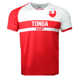 Tonga red and white round neck short sleeve jersey. White chest and left arm and sleeve trimmed in red. Right red shoulder and sleeve. Upper left chest adorned with Tonga flag. Red and white horizontal stripe across center of chest with white Tonga on red and red Rugby below on white stripe. Lower torso in red.