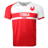Tonga red and white round neck short sleeve jersey. White chest and left arm and sleeve trimmed in red. Right red shoulder and sleeve. Upper left chest adorned with Tonga flag. Red and white horizontal stripe across center of chest with white Tonga on red and red Rugby below on white stripe. Lower torso in red.