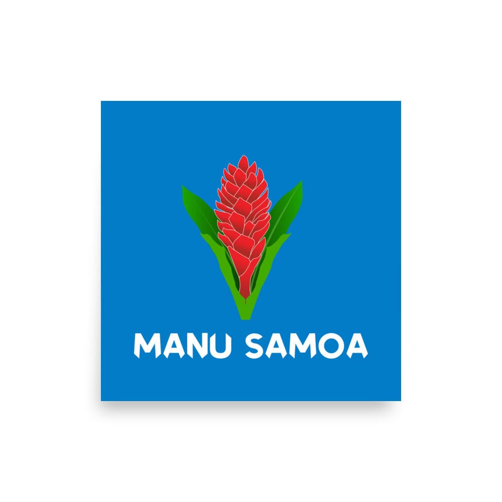 Blue, square poster with a large manu samoa logo.